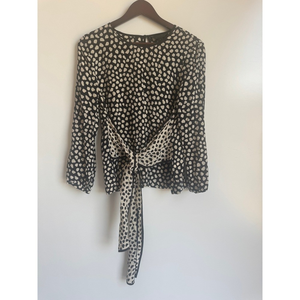 J. Crew Womens 100 Silk Polka Dot Blouse Black White Tie Wrap Officecore Size 6